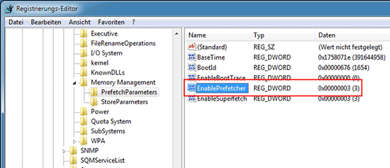 SSD Prefetch deaktivieren: In der Registry zu SYSTEM – CurrentControlSet – Control - Session Manager - Memory Management – PrefetchParameters navigieren und "Enable Prefetcher" auf 0 setzen